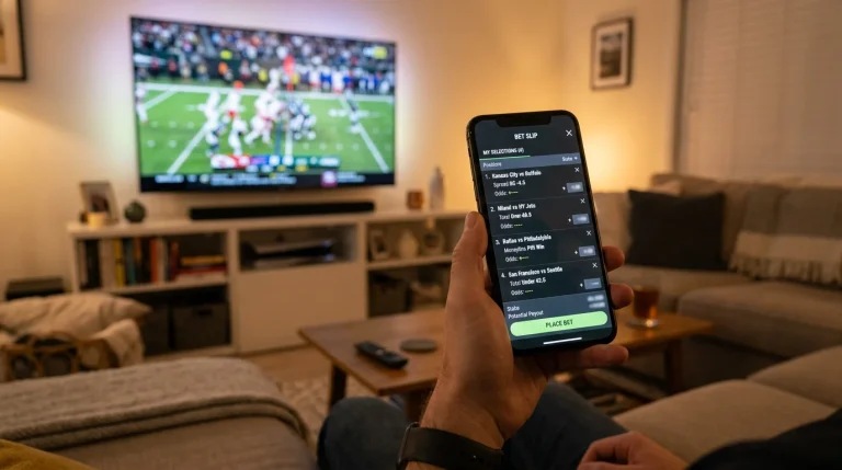 Close-up of a smartphone screen displaying an NFL bet slip with multiple player prop selections combined
