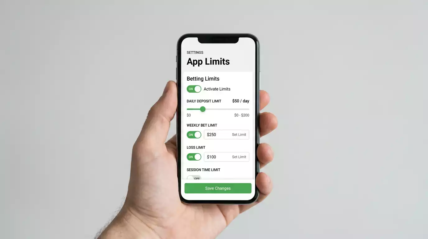 Smartphone displaying responsible gambling tools with deposit limit settings on a betting app