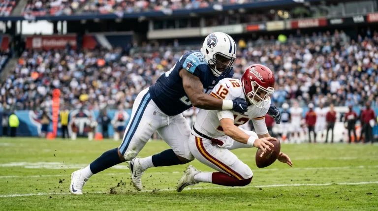 NFL defensive player sacking the quarterback during a game