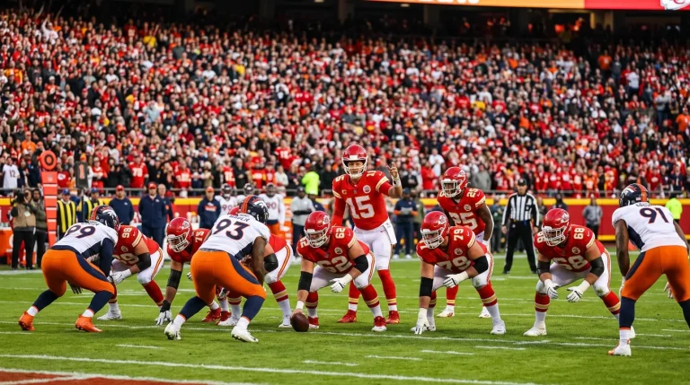 Two NFL teams lined up at the line of scrimmage in a divisional rivalry game