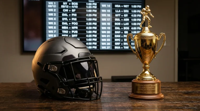 American football trophy and helmet on a table with an NFL season schedule board in the background
