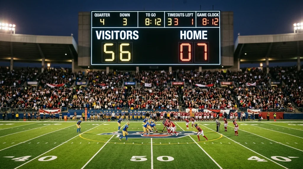 NFL stadium scoreboard showing a lopsided score with players on the American football field below