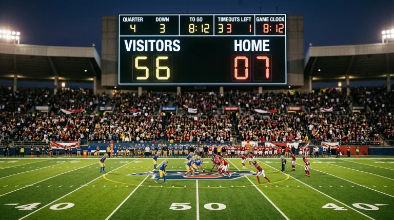 NFL stadium scoreboard showing a lopsided score with players on the American football field below