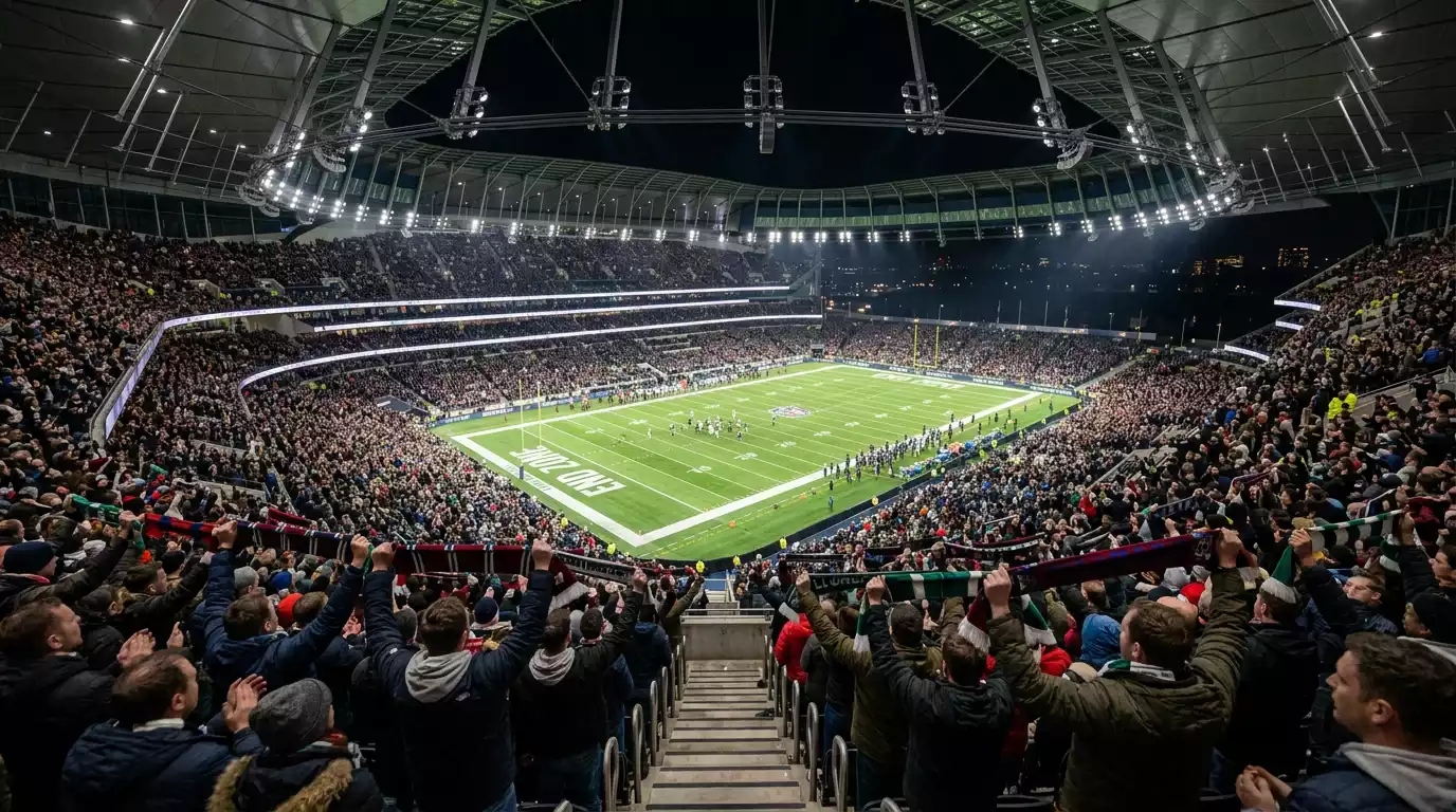 Packed crowd at Wembley Stadium watching an NFL London game under floodlights