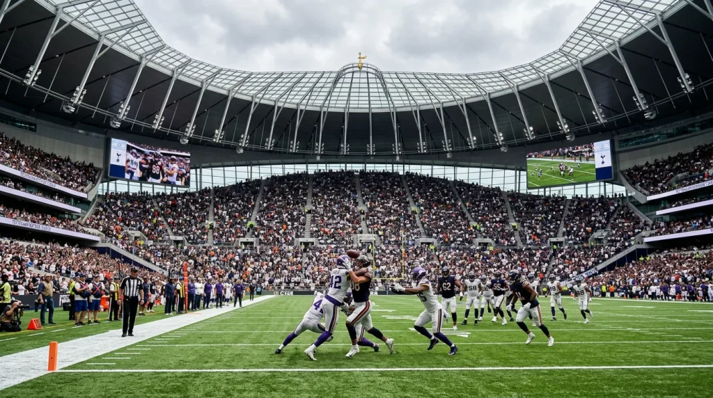 NFL game being played on an American football field inside Tottenham Hotspur Stadium in London with a full crowd