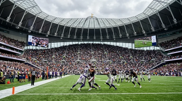 NFL game being played on an American football field inside Tottenham Hotspur Stadium in London with a full crowd