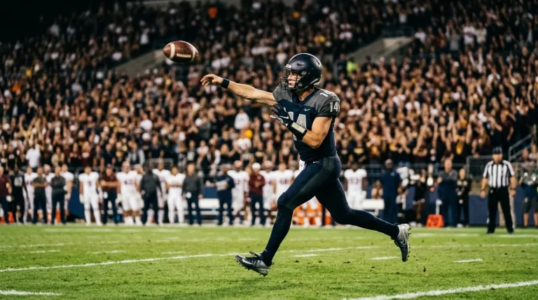 American football quarterback mid-throw on a green gridiron field with stadium lights and a UK evening sky