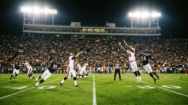 NFL football game under bright stadium lights during a primetime broadcast