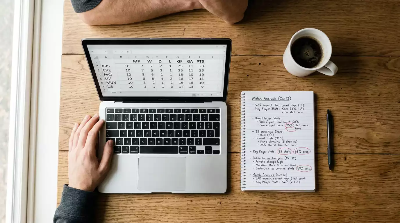 Person analysing NFL matchup statistics on a laptop with notes and a coffee cup on the desk