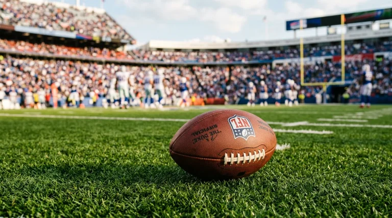 Close-up of an NFL football on the field before kickoff