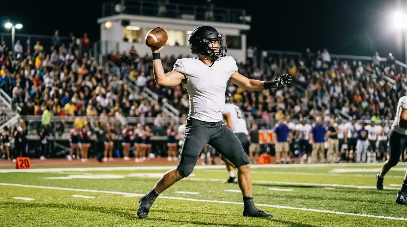NFL quarterback throwing a pass during a game under stadium lights at night