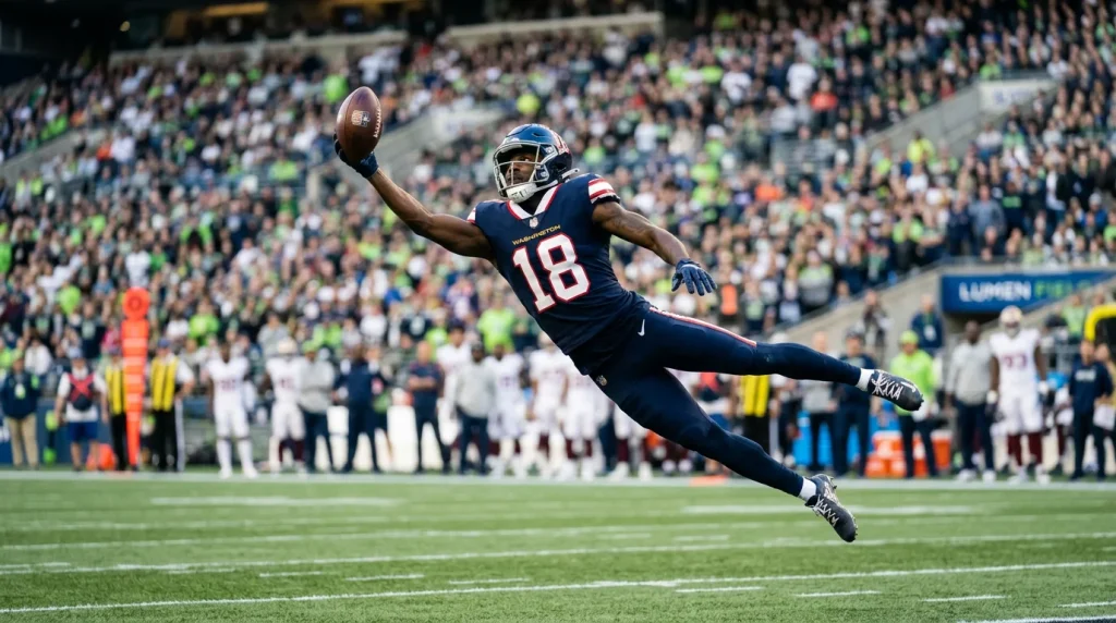 NFL wide receiver stretching to catch a pass during a game