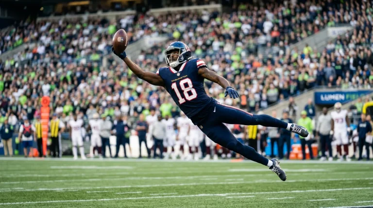 NFL wide receiver stretching to catch a pass during a game