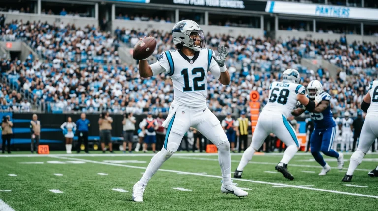 Young NFL quarterback throwing a pass during his rookie season