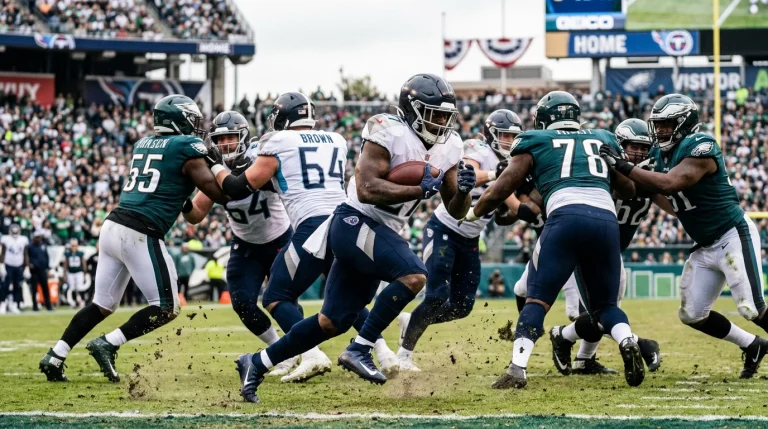American football running back carrying the ball through a gap in the defensive line on a grass NFL field