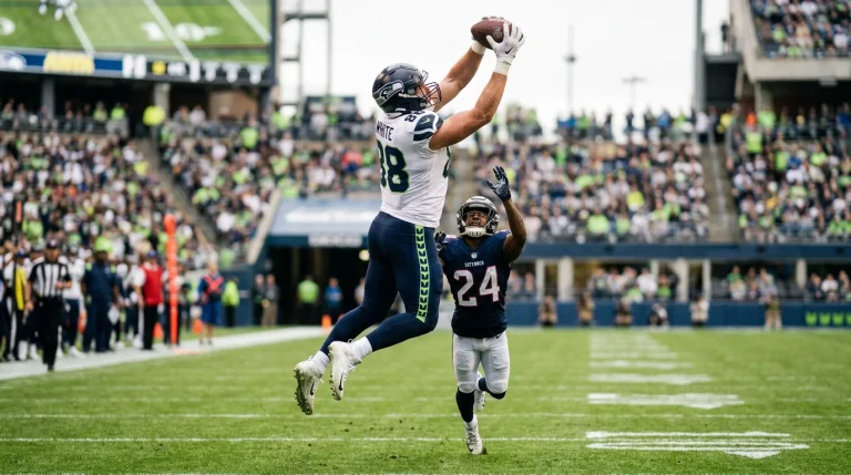 NFL tight end catching a pass over a defender during a game