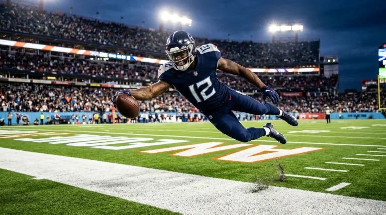 American football player diving into the end zone for a touchdown on a marked NFL field under stadium floodlights