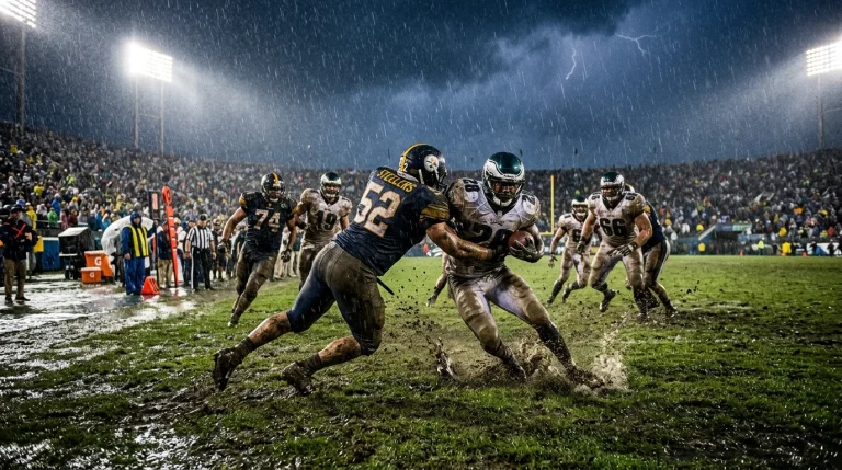 American football game being played in heavy rain on an outdoor NFL field with visible wind and wet conditions