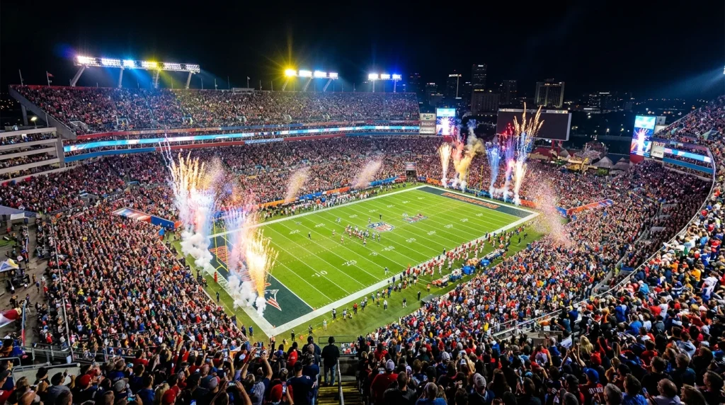 Packed American football stadium at night during a major championship game with bright floodlights and a full crowd