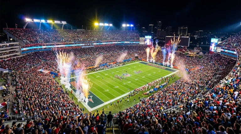 Packed American football stadium at night during a major championship game with bright floodlights and a full crowd